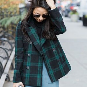 Old Navy Classic Plaid Double Breasted Wool Blend Pea Coat Large